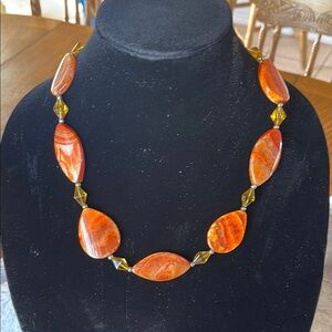 Orange Amber Beaded Necklace with Green Accents